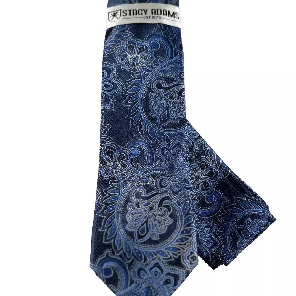 Stacy Adams Men's Tie & Hanky Navy Blue Royal Blue Silver Paisley 3.25